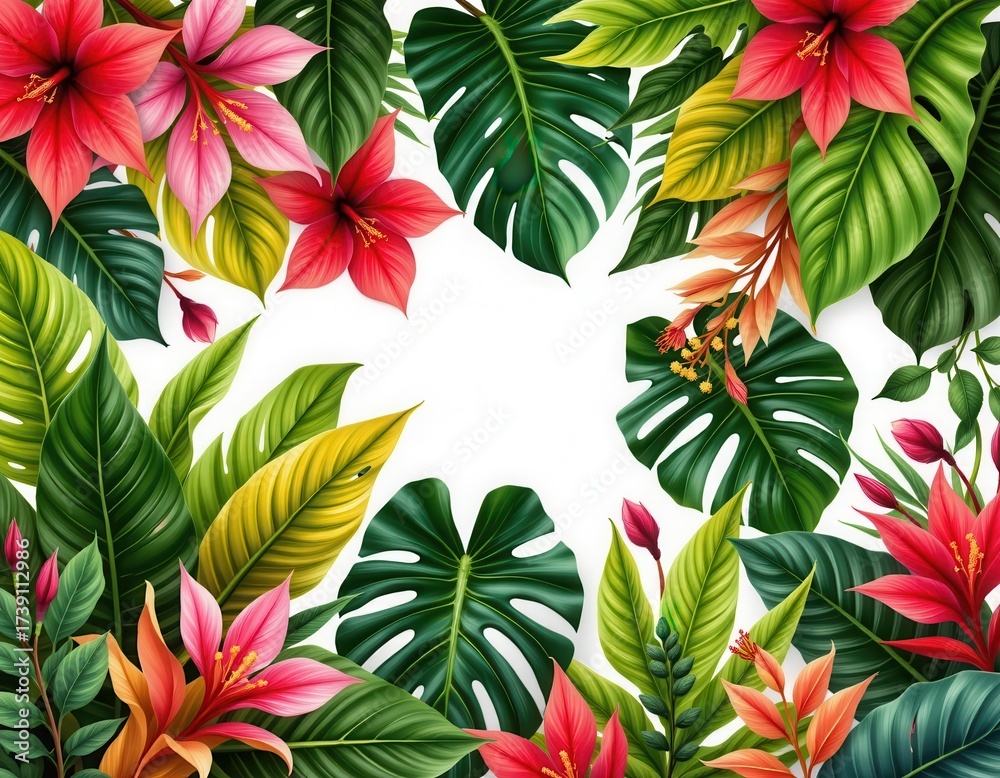 Fototapeta premium Colorful Tropical Floral Frame with Lush Green Leaves and Blooms