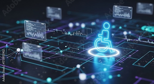 Neon blue wheelchair accessibility symbol on digital network with data screens disability icon