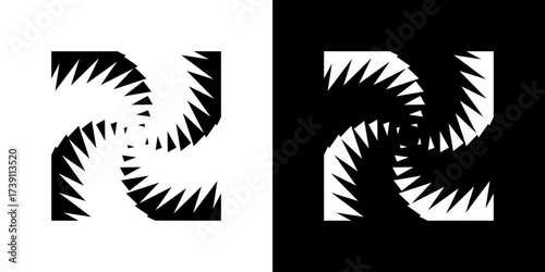 Spiral optical illusion abstract vector design with repeating geometric elements in black-and-white contrast, creating a dynamic and stunning visual effect.