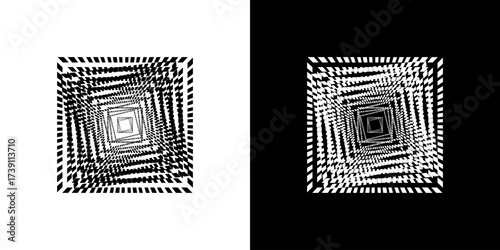 Spiral optical illusion abstract vector design with repeating geometric elements in black-and-white contrast, creating a dynamic and stunning visual effect.