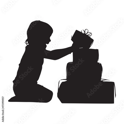 Vector art of silhouette of a little girl stacking presents, creating a heartwarming and festive scene of childhood joy