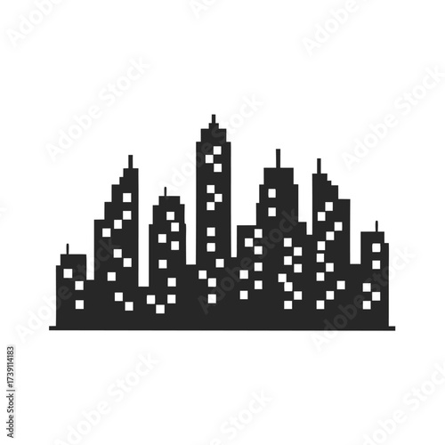 Silhouette of city buildings is showcased with lit windows at night