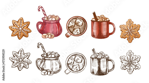 Hand drawn vintage sketch set of festive cocoa mugs with marshmallows and gingerbread cookies in color and monochrome version