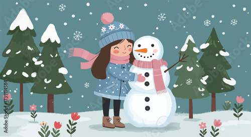 A young girl in winter attire happily embraces a snowman in a snowy forest setting.