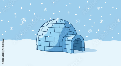 A charming cartoon igloo nestled in a snowy landscape with falling snowflakes.