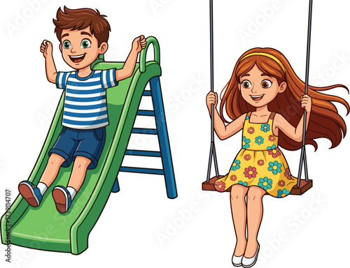 Happy cartoon children on playground swing, smiling boy standing, cheerful girl swinging, outdoor kids playing together, fun childhood activity, colorful vector illustration
