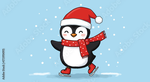 Adorable cartoon penguin wearing a Santa hat and scarf ice skating joyfully.
