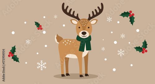 Adorable cartoon reindeer wearing a green scarf surrounded by snowflakes and holly.