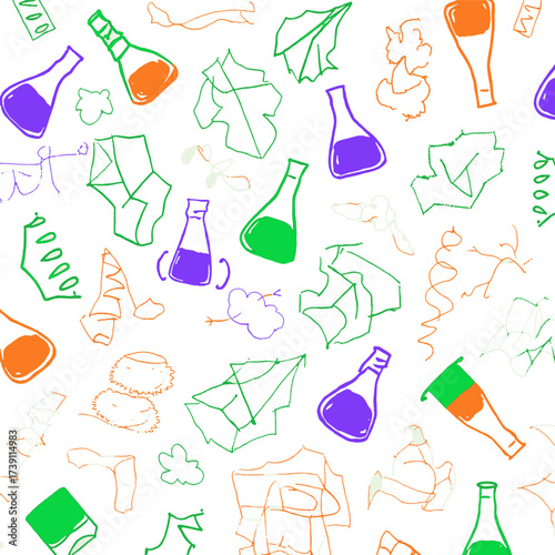 Colorful science flasks and beakers pattern hand-drawn style chemistry laboratory elements