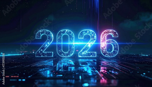 Futuristic glowing neon 2026 numbers with digital cyber background in blue light.