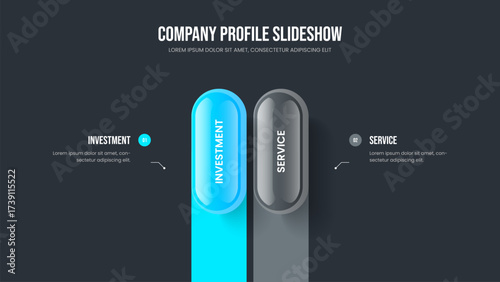 Advertising Innovation Frame Layout Vector Illustration. Investor Plan 2 Step Diagram Slide Template. Sales Insight Two Option Infographic Slideshow Design.