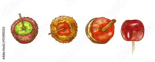 Hand drawn vintage sketch set of caramel apples with glaze, nuts and candy coating in festive color version