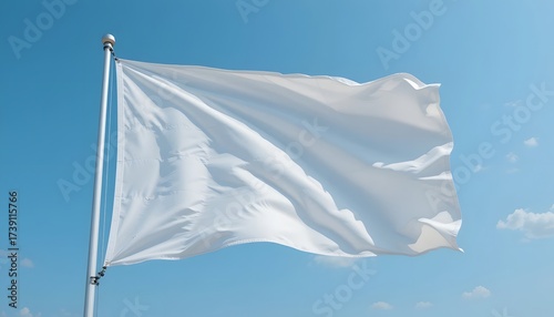 Stunning pure white flag billowing majestically against a clear blue sky, symbolizing peace, surrender, or a fresh start for your projects.