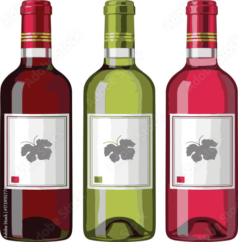 Three Wine Bottles with Red, Green and Rosé Wine | Isolated Vector Graphic for Beverage Industry, Restaurant Promotion, Menu Design, and Wine Tasting Events