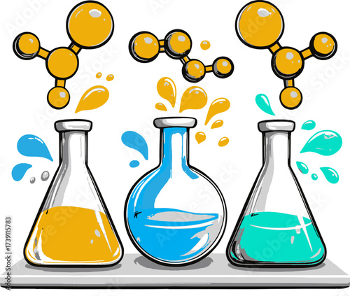Chemical reactions and molecular structures in laboratory flasks with bubbling liquids and molecules