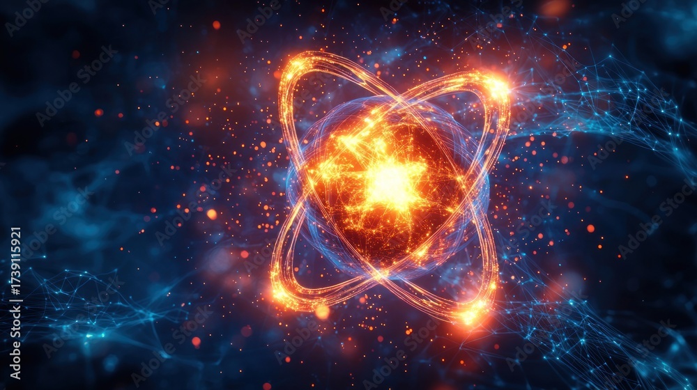 Fototapeta premium Glowing fiery atom structure with orbiting particles on a dark, networked background