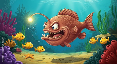 Cartoon illustration of a fearsome anglerfish underwater with small yellow fish