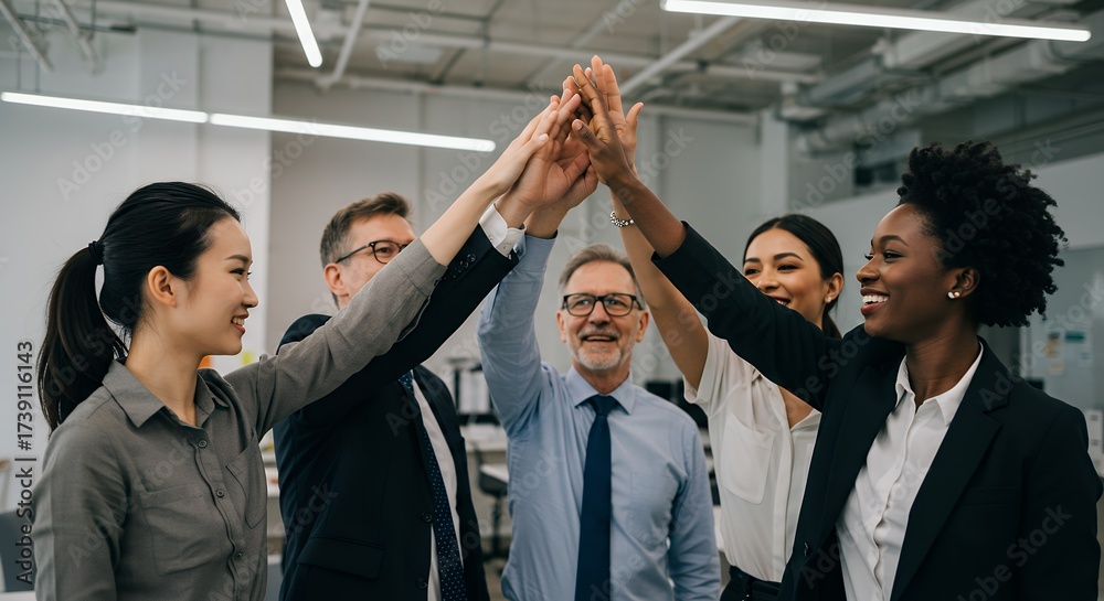 Obraz premium Diverse group of colleagues celebrating success in an office setting
