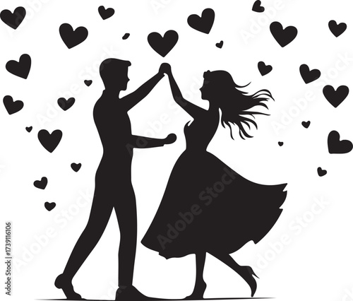 Romantic silhouette of a couple dancing joyfully surrounded by floating hearts