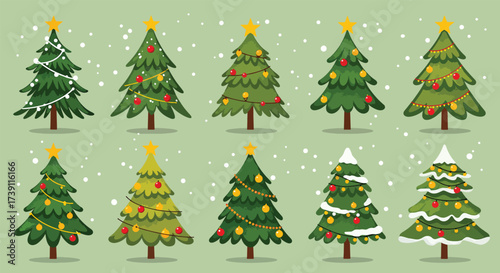 Collection of Decorated Christmas Trees with Snowflakes.