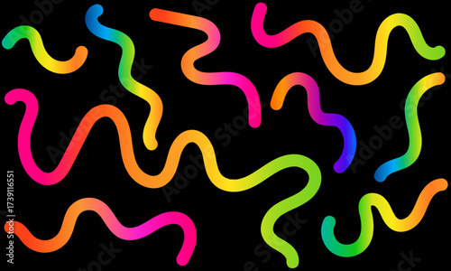 Abstract colorful wavy lines on a, vibrant neon gradient curves creating a dynamic and energetic visual pattern with a sense of movement and fun
