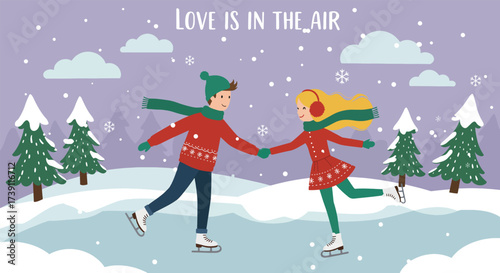 Couple ice skating handinhand in a snowy winter landscape with Love is in the Air text.