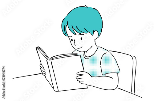 本を読んで勉強・読書をする男の子の線画イラスト,子供,学習,笑顔