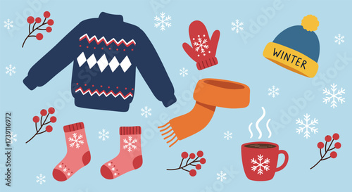 Cozy Winter Clothing and Hot Drink Collection for Cold Weather.