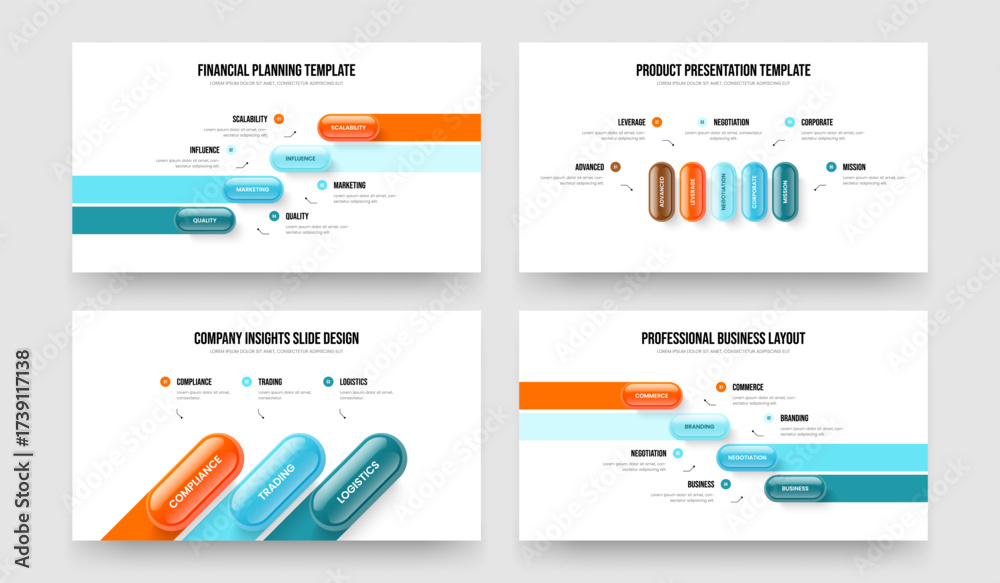 Obraz premium Company Forecast 4 5 3 Step Diagram Slideshow Design Set. Market Campaign Four Five Three Element Infographic Frame Layout Vector Illustration Bundle.