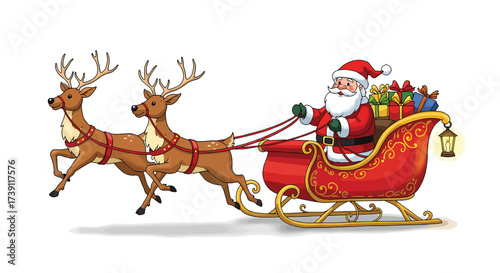 Santa Claus riding a sleigh pulled by reindeer filled with Christmas gifts.