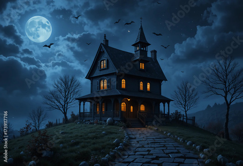 Witch house on the hill. Halloween background for festive design mockup. Moon and stars, glowing, paving stones.