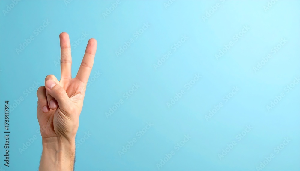 Fototapeta premium Male hand showing two fingers up greeting gesture on blue background. Peace or victory sign concept for communication and positivity.