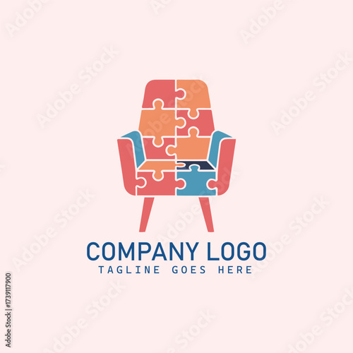 Geometric chair logo with classic silhouette and jigsaw puzzle pattern in muted pastel colors