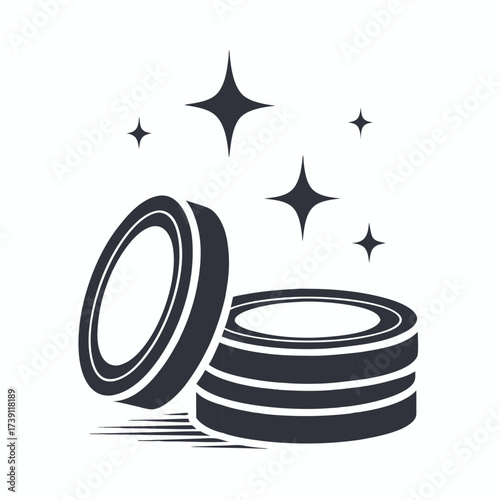 Stack of shiny coin elements appear with a glowing effect and a white background