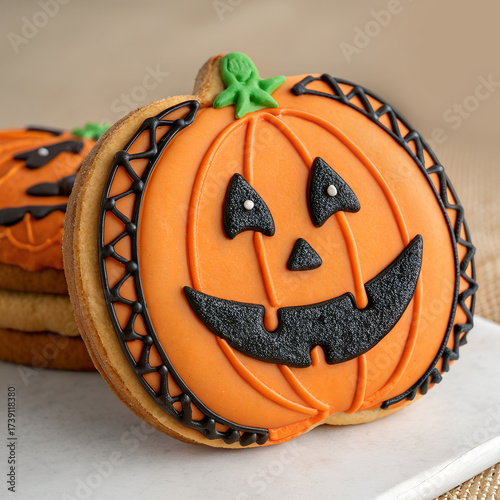 Halloween-themed cookie designed to look like a jack-o'-lantern with black icing for the face and green icing for the stem. The cookie is placed on a Halloween background decoration.
