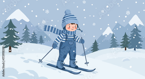Young child skiing down a snowy mountain slope in winter.