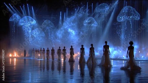 Fashion show spectacle with illuminated jellyfish projections and ethereal gowns