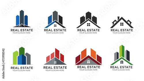 Modern Real Estate Logo Set With Buildings And Roofs For Branding And Marketing