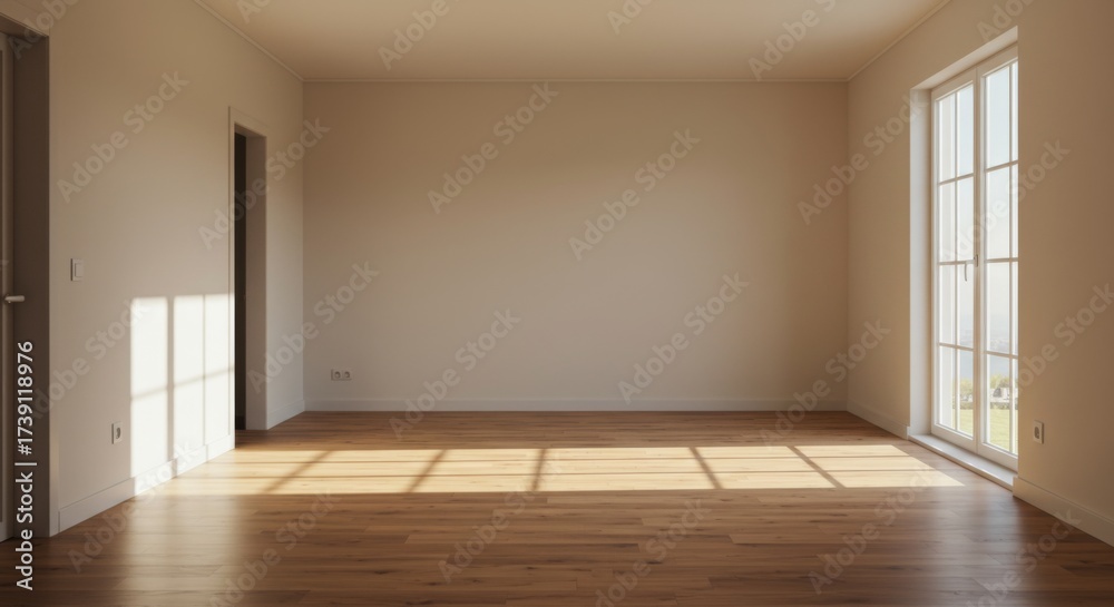 Obraz premium Empty apartment room with hardwood floor and natural light
