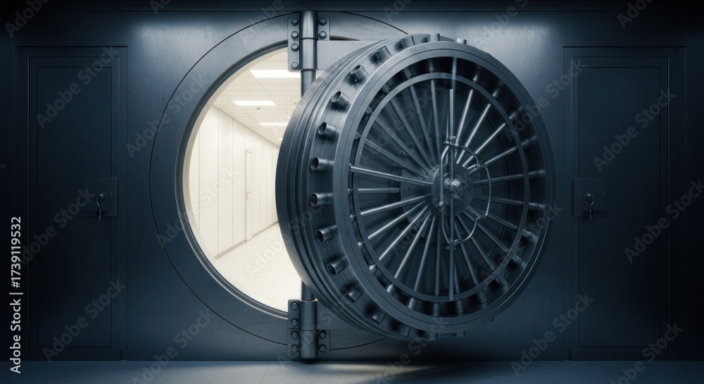 Fototapeta premium Heavy steel vault door ajar, revealing bright, long, secure storage corridor inside