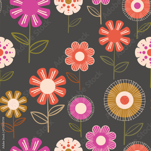 Seamless floral pattern based on traditional folk art ornaments. Colorful flowers on color background. Scandinavian style. Sweden nordic style. Vector illustration. Simple minimalistic pattern.