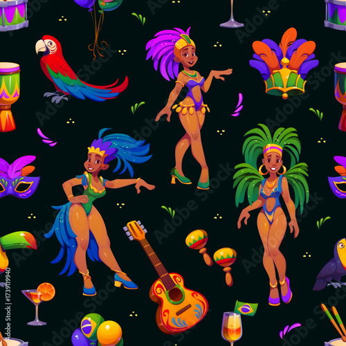 Brazil carnival party characters pattern with cartoon samba dancer women, feather headdress, guitar, maracas, cocktails, parrots. Festive vector seamless background for traditional Brazilian festival