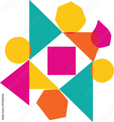 Vibrant geometric design with overlapping shapes on white background