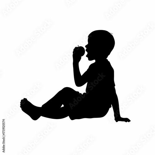 Silhouette of a boy eating an apple isolated on white background