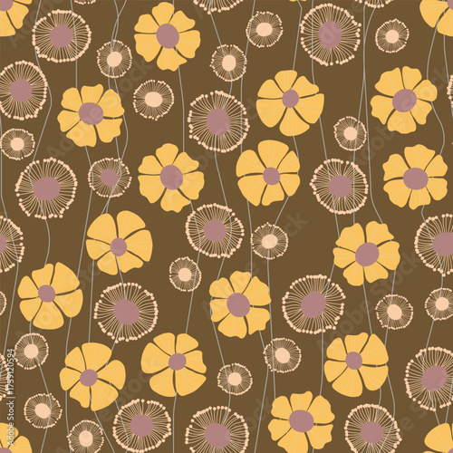 Seamless floral pattern based on traditional folk art ornaments. Colorful flowers on color background. Scandinavian style. Sweden nordic style. Vector illustration. Simple minimalistic pattern.