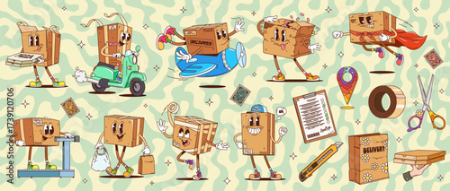 Cartoon groovy delivery cardboard box characters, vector post and delivery service. Retro psychedelic carton box, cardboard parcel and brown paper package characters with postage stamps and duct tape