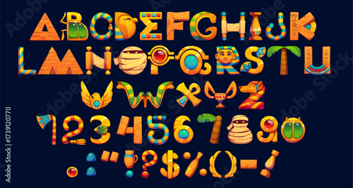 Cartoon Egyptian font or ancient pharaoh typeface and mythology type, vector game alphabet. Ancient Egypt font letters of pyramid and mummy with scarab and pharaoh mask with Anubis god in typeface