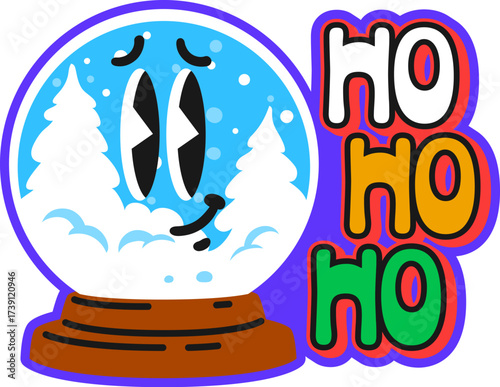 Christmas holiday glass snowball Y2K groovy sticker or symbol. Christmas funky Y2K sticker, winter holiday vector patch. Xmas celebration vintage tag with glass snowball cute character and typography