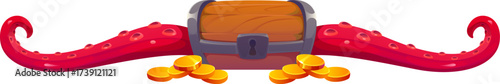 Cartoon marine and nautical divider, pirate and corsair border frame, piracy decoration with wooden treasure chest guarded by two curling red octopus tentacles, surrounded by scattered gold coins