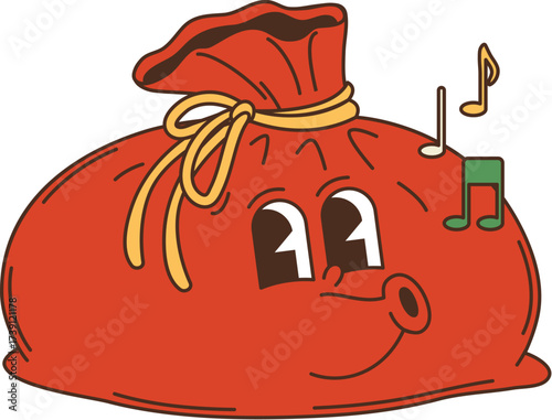 Retro cartoon groovy Christmas character of a red gift sack with a smiling face, decorated with a yellow ribbon and cheerful music notes. Cute festive y2k bag, Xmas holiday personage happily whistling